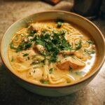 A close-up of a bowl of creamy chicken pasta soup, garnished with fresh parsley and a sprinkle of garlic.