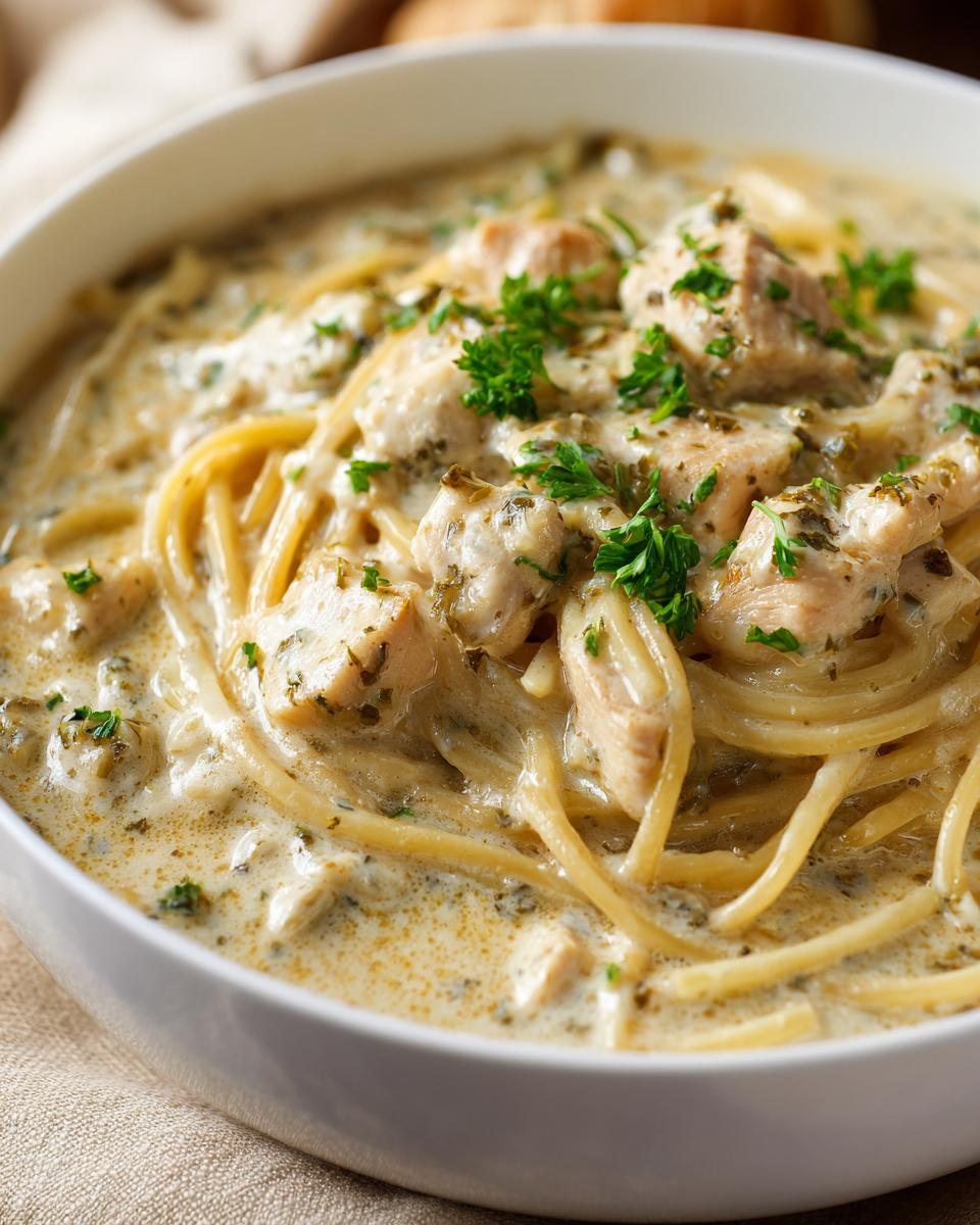 A close-up of a bowl of creamy chicken pasta soup, featuring tender chicken pieces and spaghetti, garnished with fresh parsley.