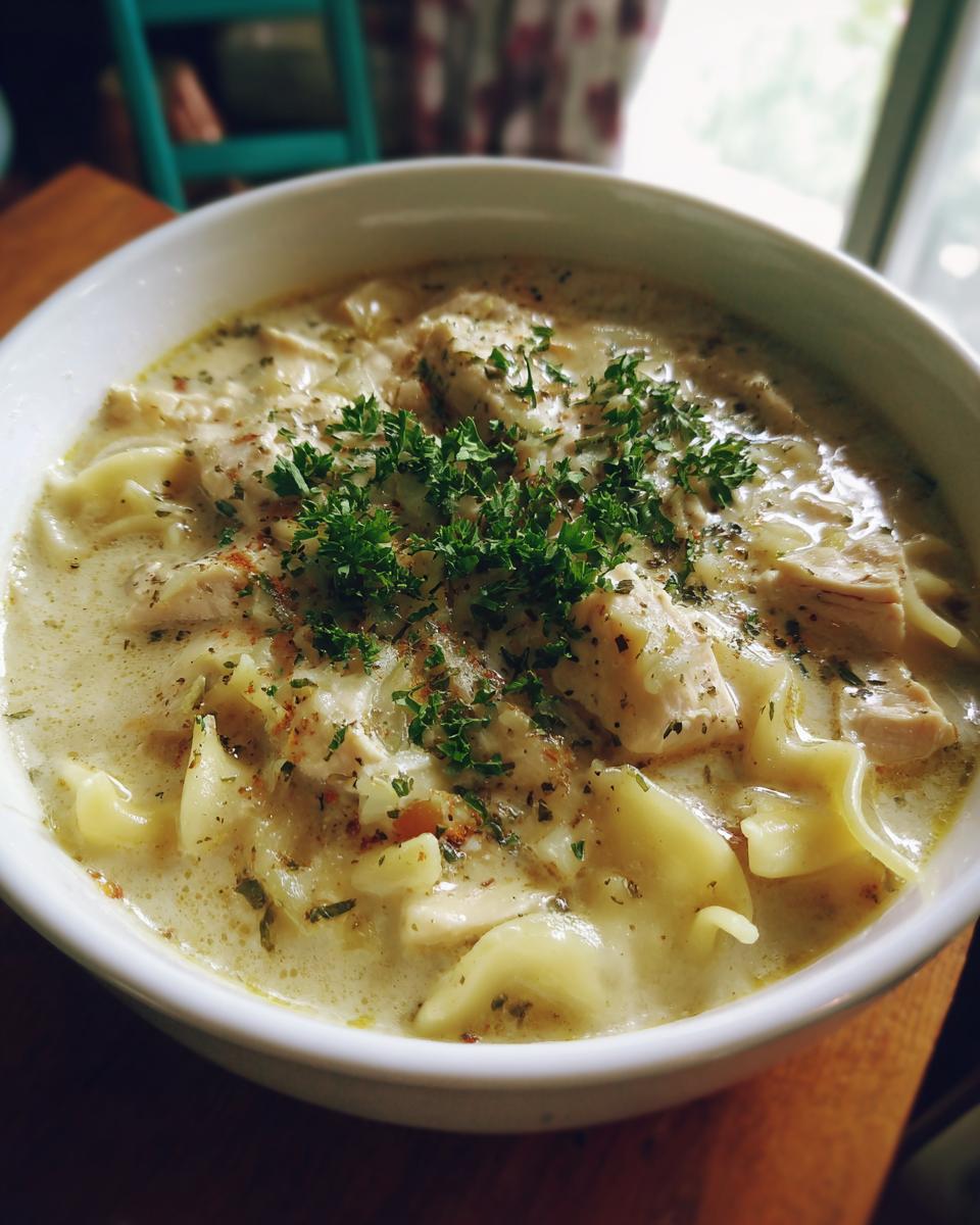 A close-up of a bowl of creamy chicken pasta soup, topped with fresh parsley and spices.