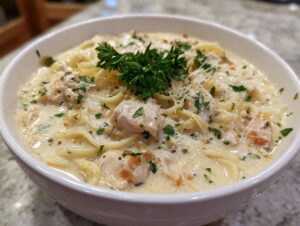 A close-up of a white bowl filled with creamy chicken pasta soup, garnished with parsley and grated cheese.