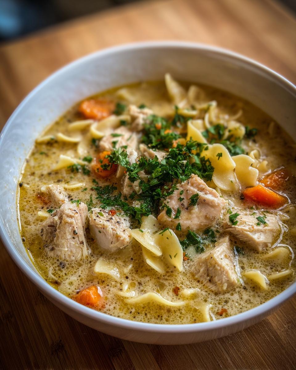A close-up of a bowl of creamy chicken pasta soup, featuring tender chicken pieces, wide egg noodles, and sliced carrots, garnished with fresh parsley.