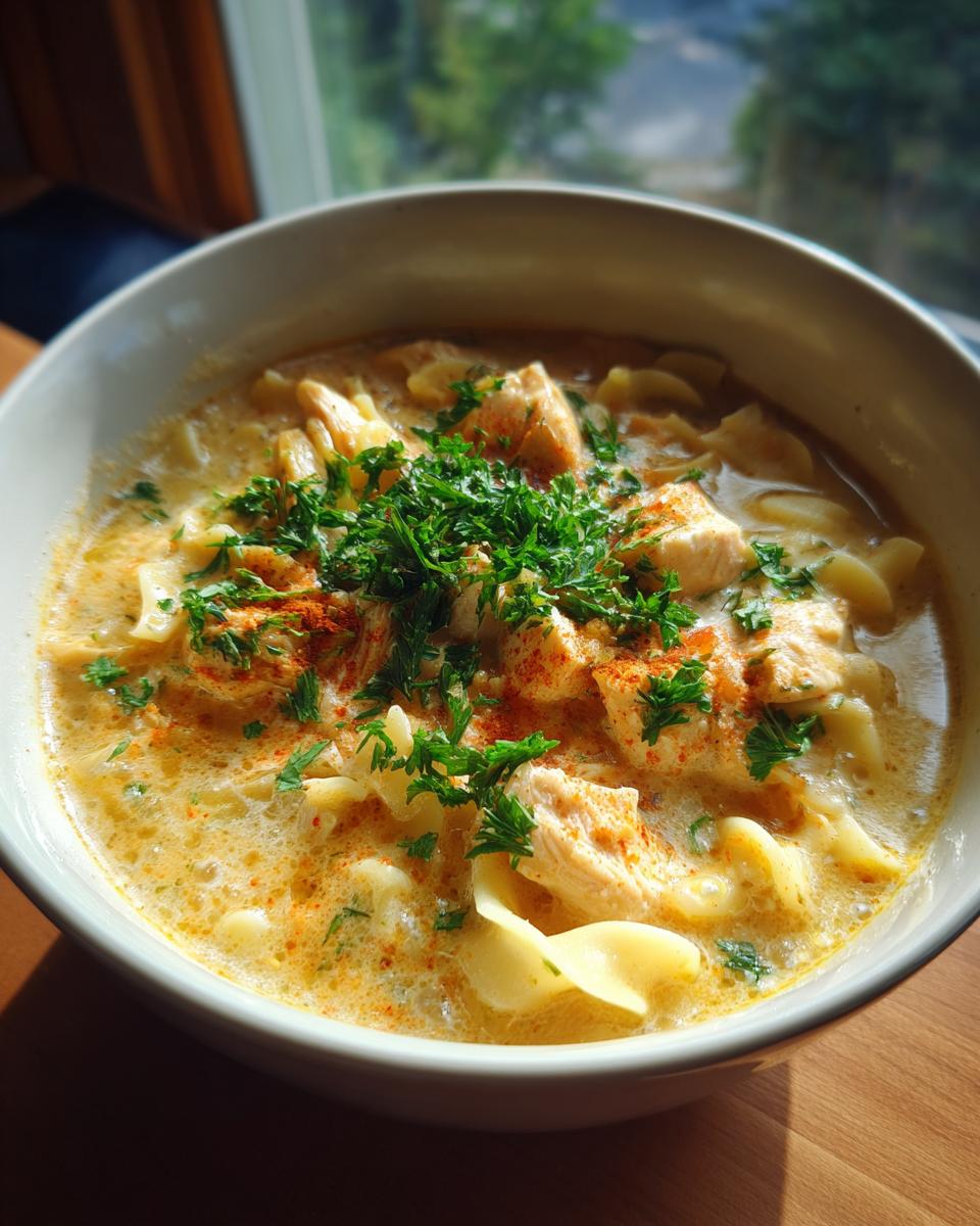 A close-up of a bowl of creamy chicken pasta soup, topped with fresh parsley and paprika.