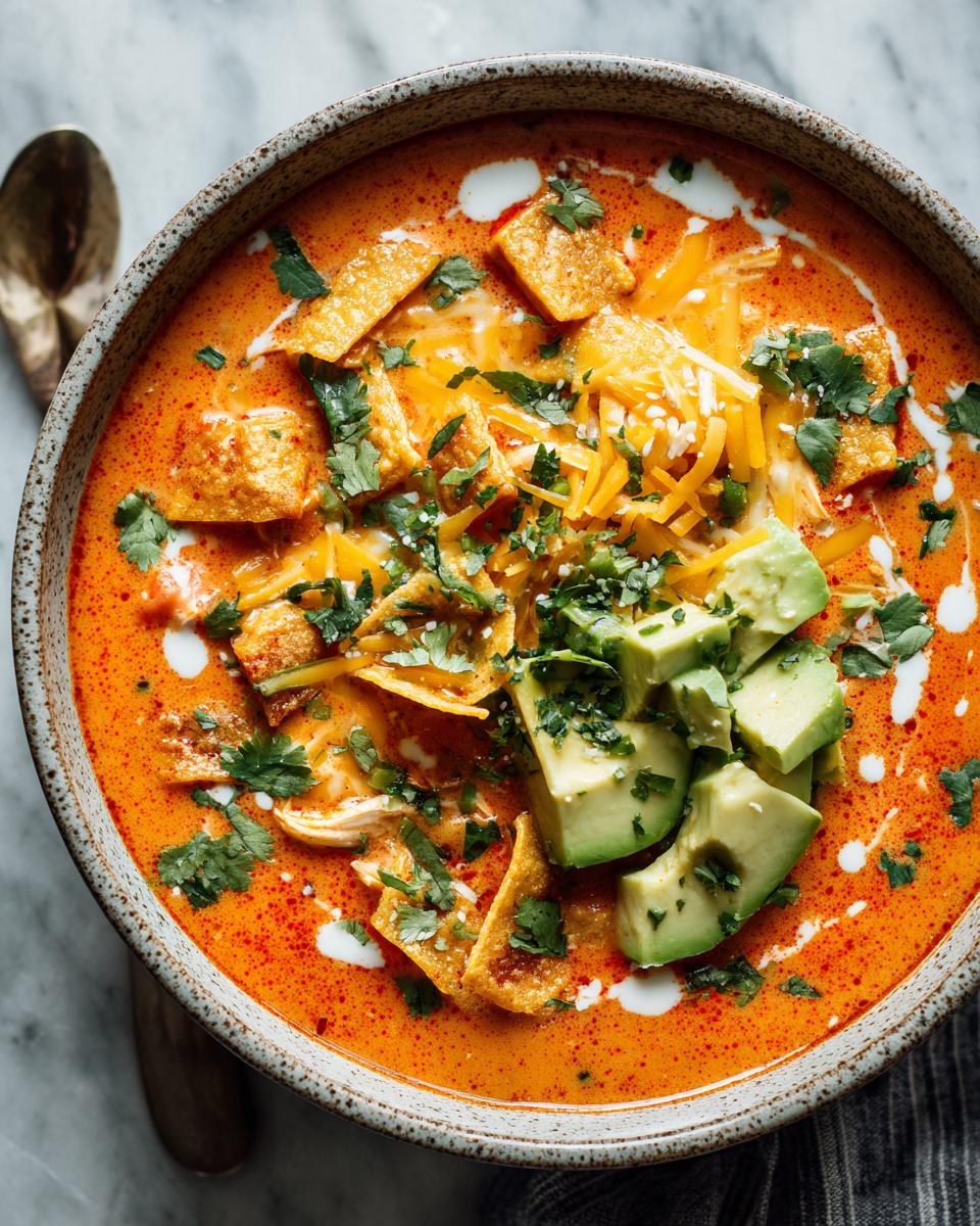 A close-up of a bowl of creamy chicken tortilla soup topped with avocado, shredded cheese, tortilla strips, and cilantro.