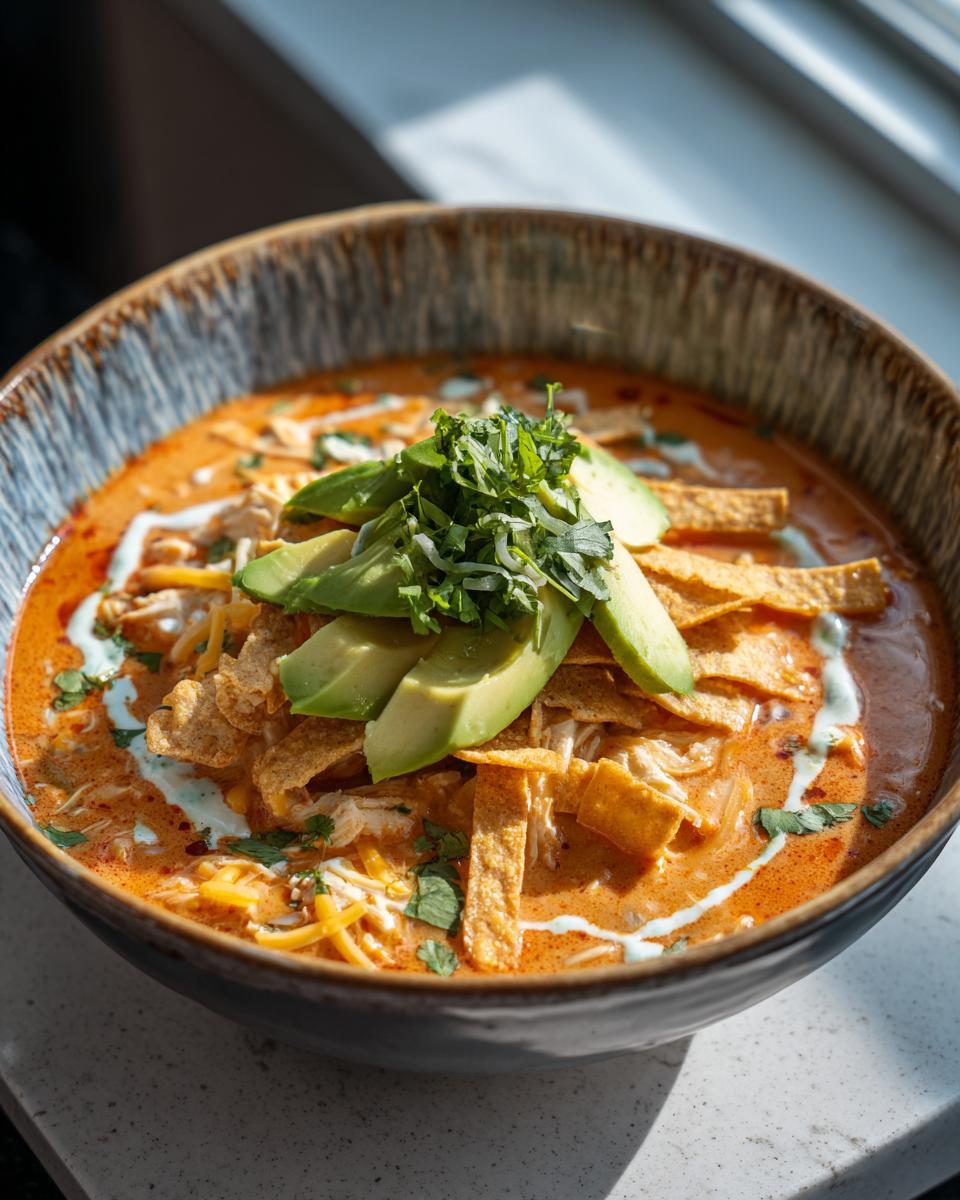 A close-up of a bowl of creamy chicken tortilla soup topped with avocado, tortilla strips, cheese, and cilantro.