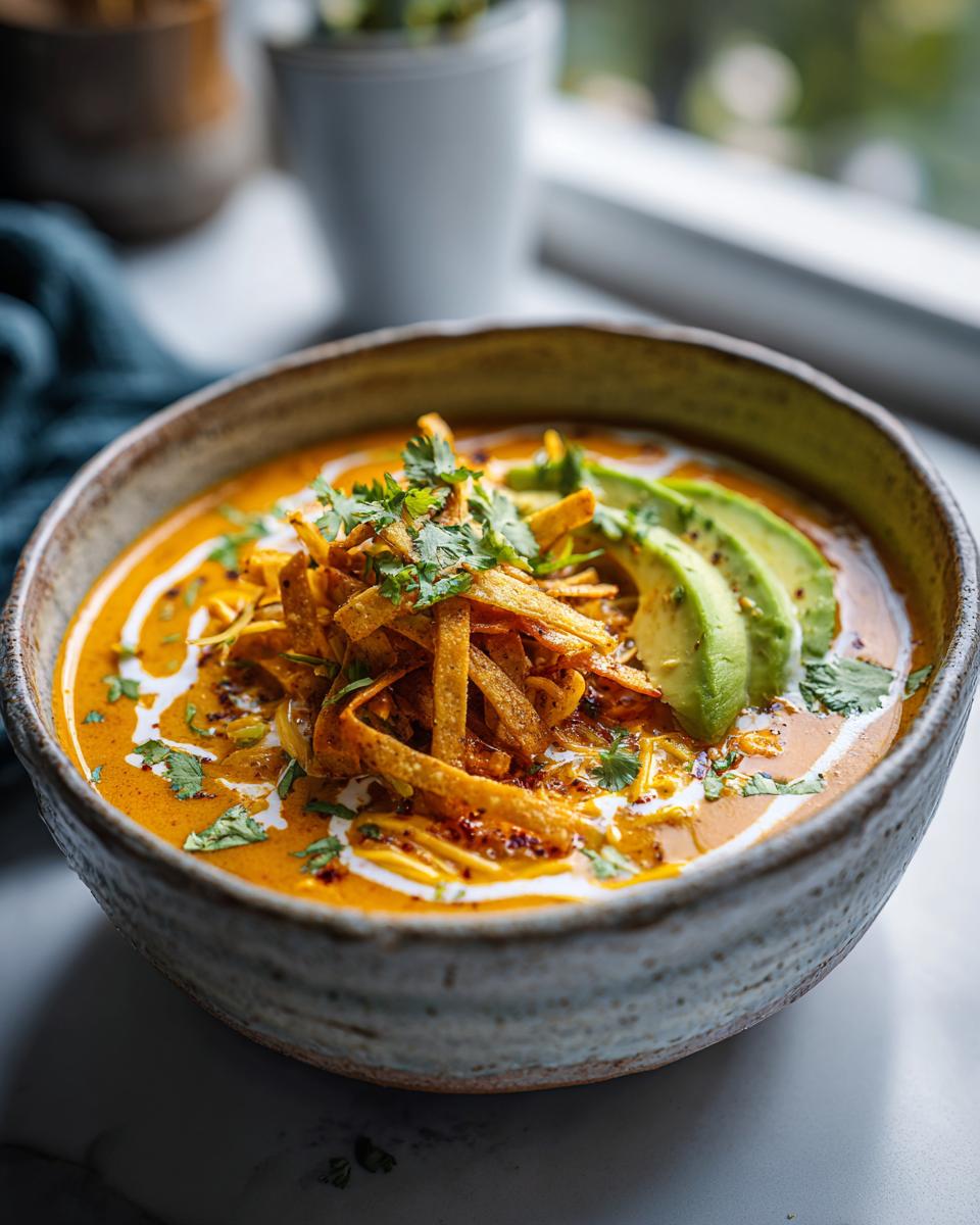A close-up of a bowl of creamy chicken tortilla soup topped with crispy tortilla strips, avocado slices, and fresh cilantro.