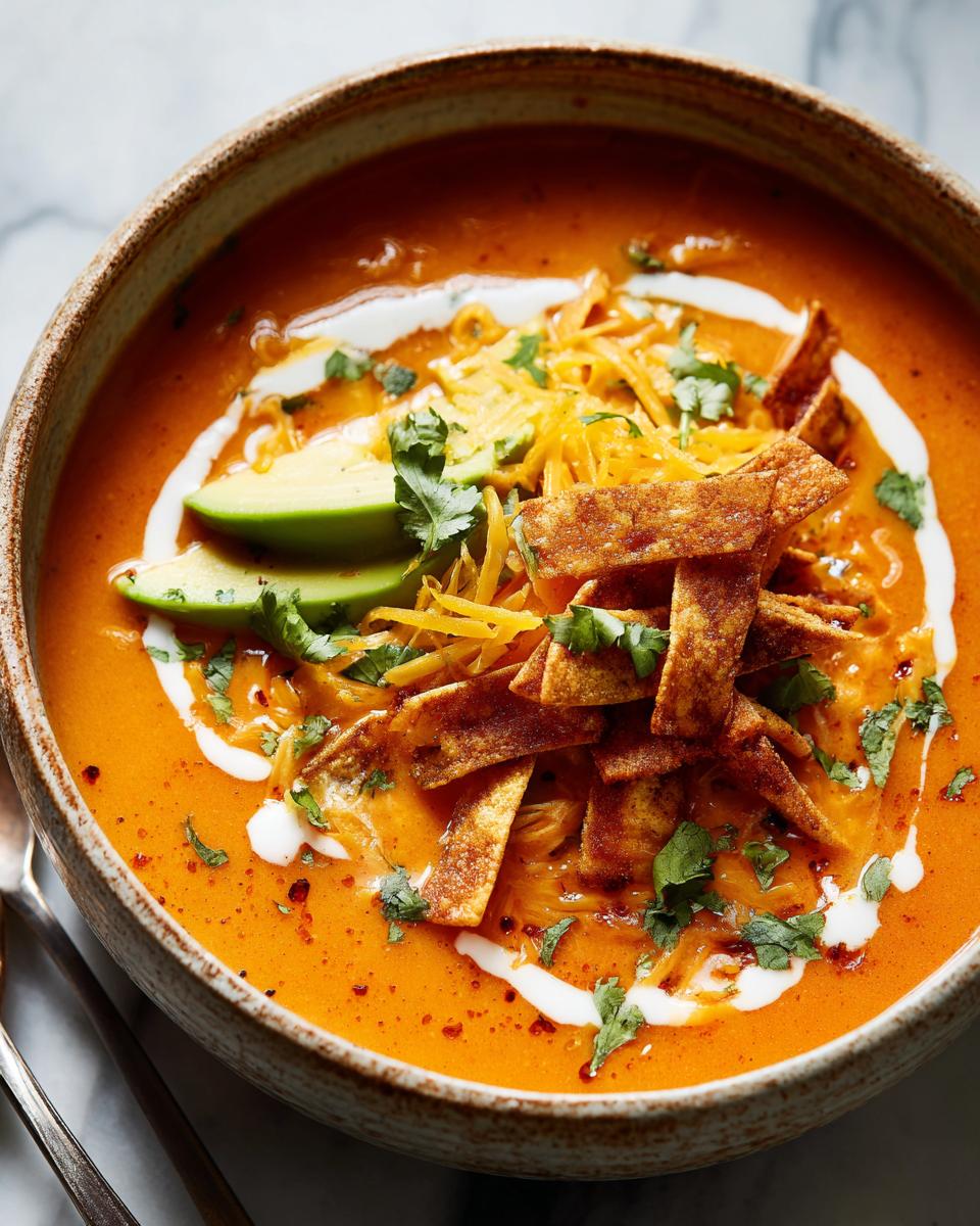 A close-up of a bowl of creamy chicken tortilla soup topped with avocado, shredded cheese, tortilla strips, and cilantro.