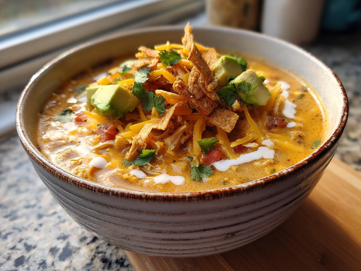 A close-up of a bowl of creamy chicken tortilla soup topped with avocado, cheese, tortilla strips, and cilantro.