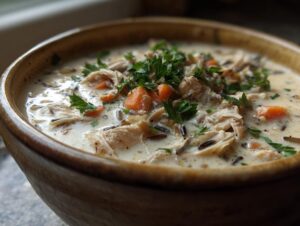 A close-up of a rustic wooden bowl filled with creamy chicken wild rice soup, garnished with fresh parsley.