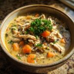 A close-up of a bowl of creamy chicken wild rice soup, garnished with fresh parsley and featuring chunks of chicken, carrots, and wild rice.