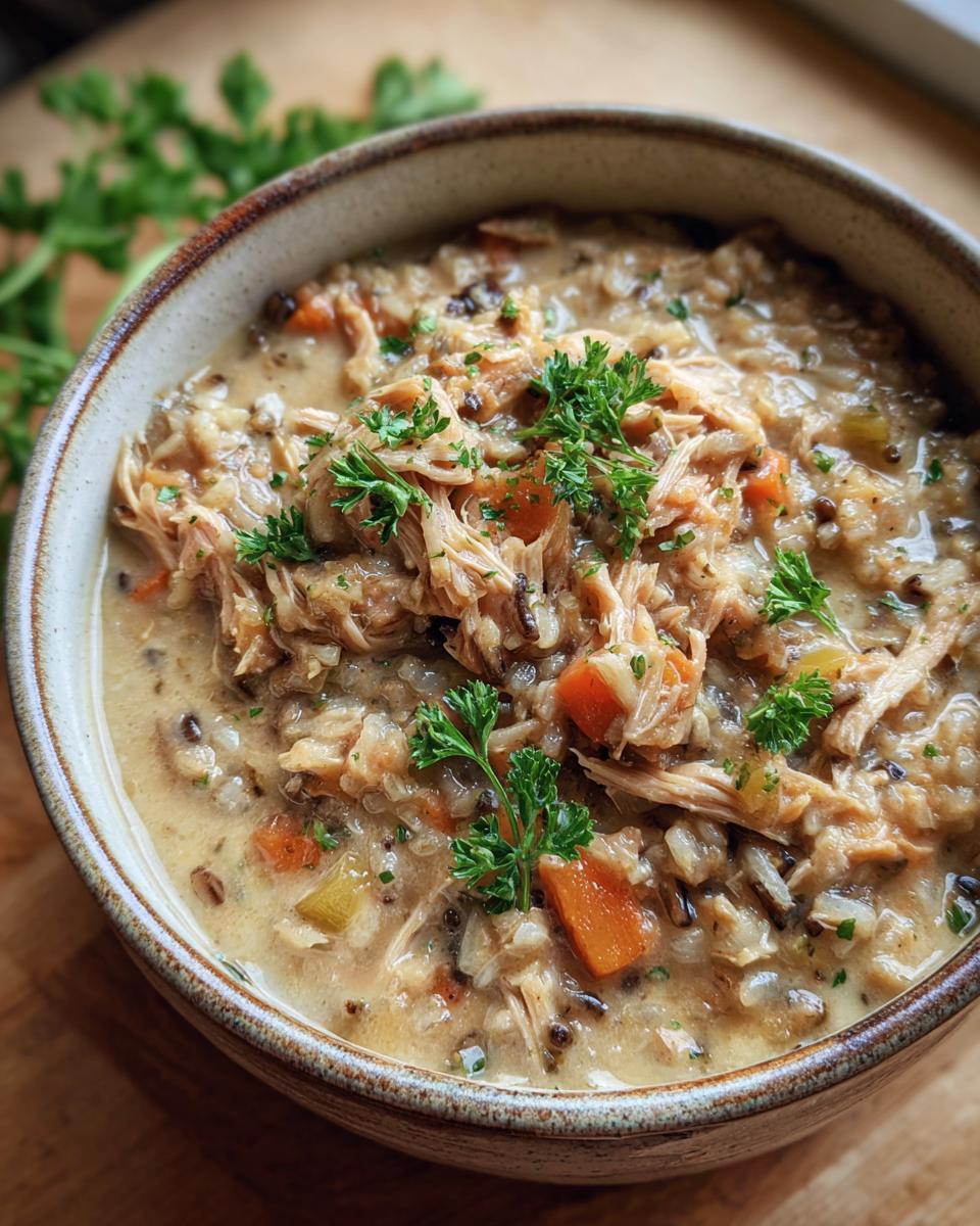 A close-up of a bowl of creamy chicken wild rice soup, garnished with fresh parsley.