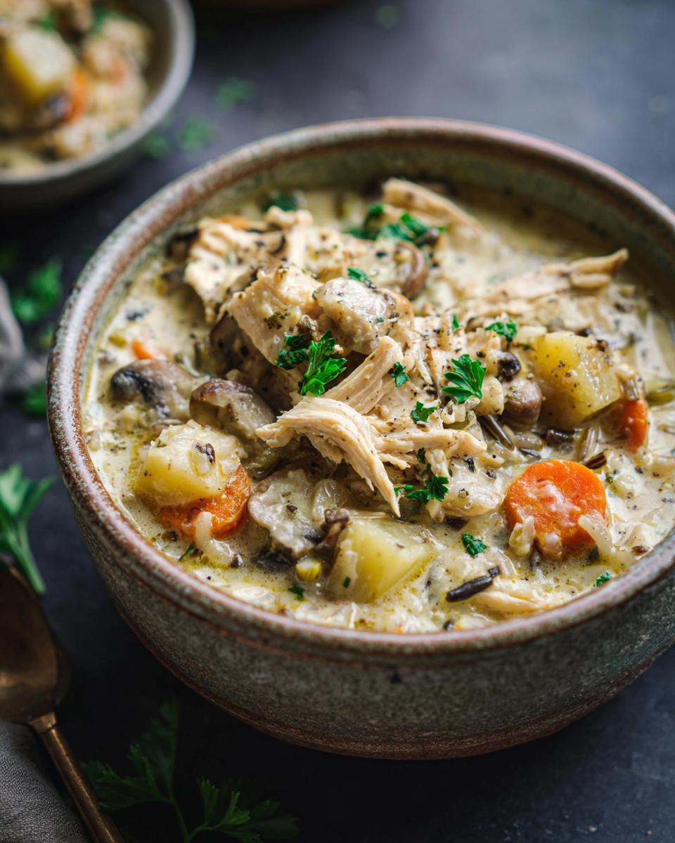 A close-up of a bowl of creamy chicken wild rice soup, filled with shredded chicken, potatoes, carrots, and mushrooms.