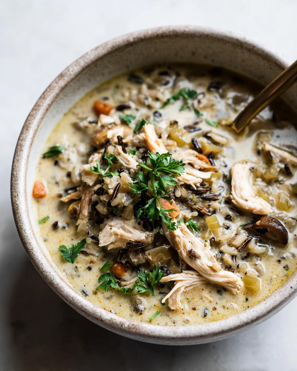 A close-up of a bowl of creamy chicken wild rice soup, garnished with fresh parsley and featuring shredded chicken and wild rice.