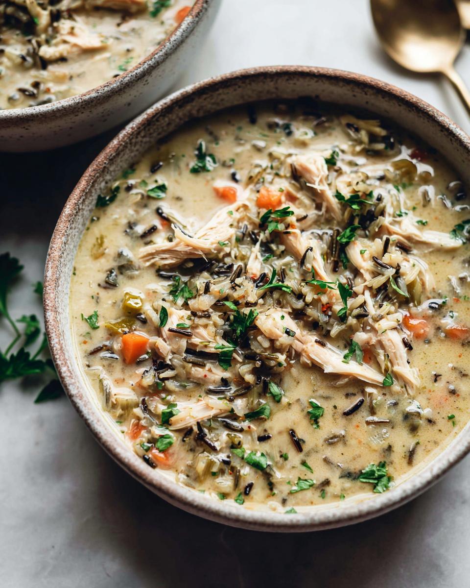 A close-up of a bowl filled with creamy chicken wild rice soup, featuring shredded chicken, wild rice, and chopped vegetables.