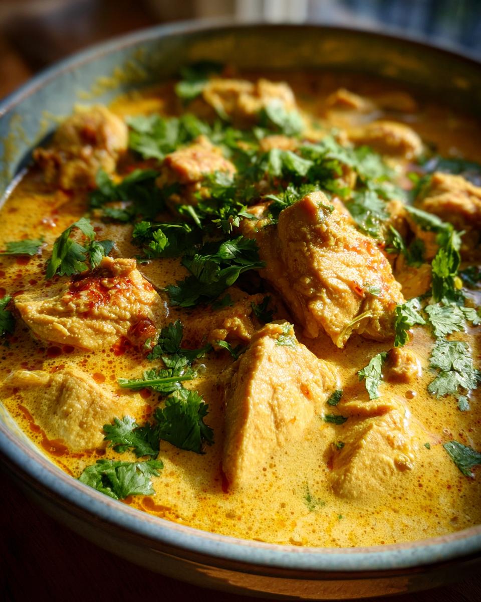 A close-up of a bowl filled with creamy coconut chicken curry, garnished with fresh cilantro.