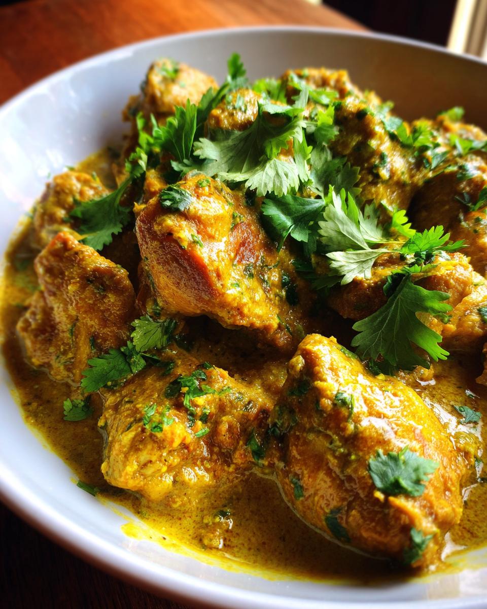 A close-up of a white bowl filled with delicious creamy coconut chicken curry, garnished with fresh cilantro.