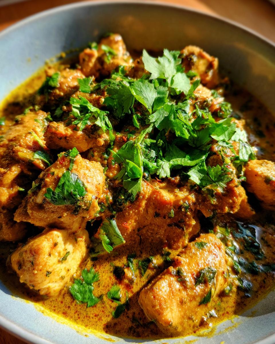 A close-up of a bowl of creamy coconut chicken curry, garnished with fresh cilantro.