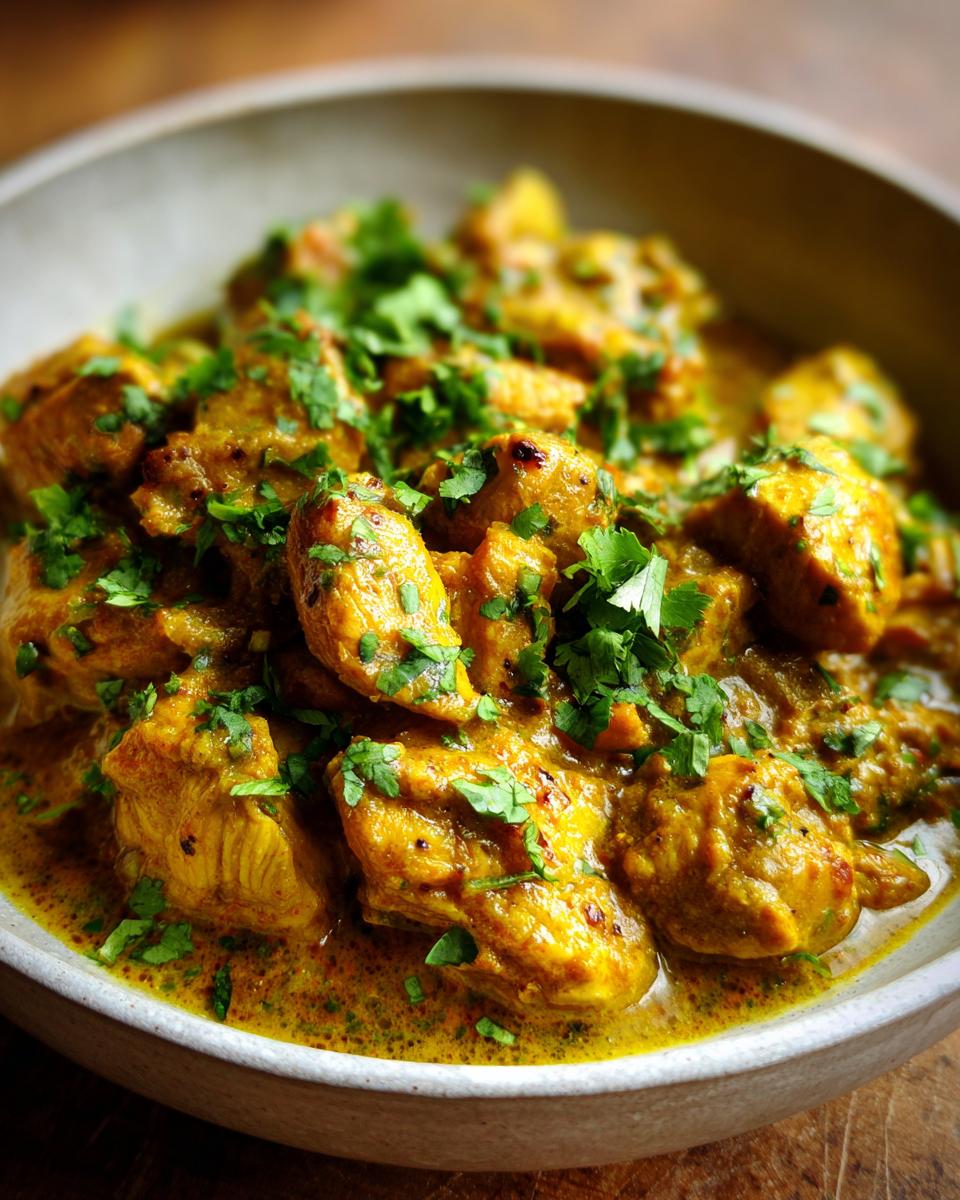 A close-up of a bowl of creamy coconut chicken curry, garnished with fresh cilantro.