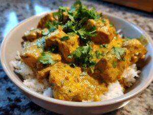 A bowl of fluffy white rice topped with tender pieces of creamy coconut chicken curry and fresh cilantro.
