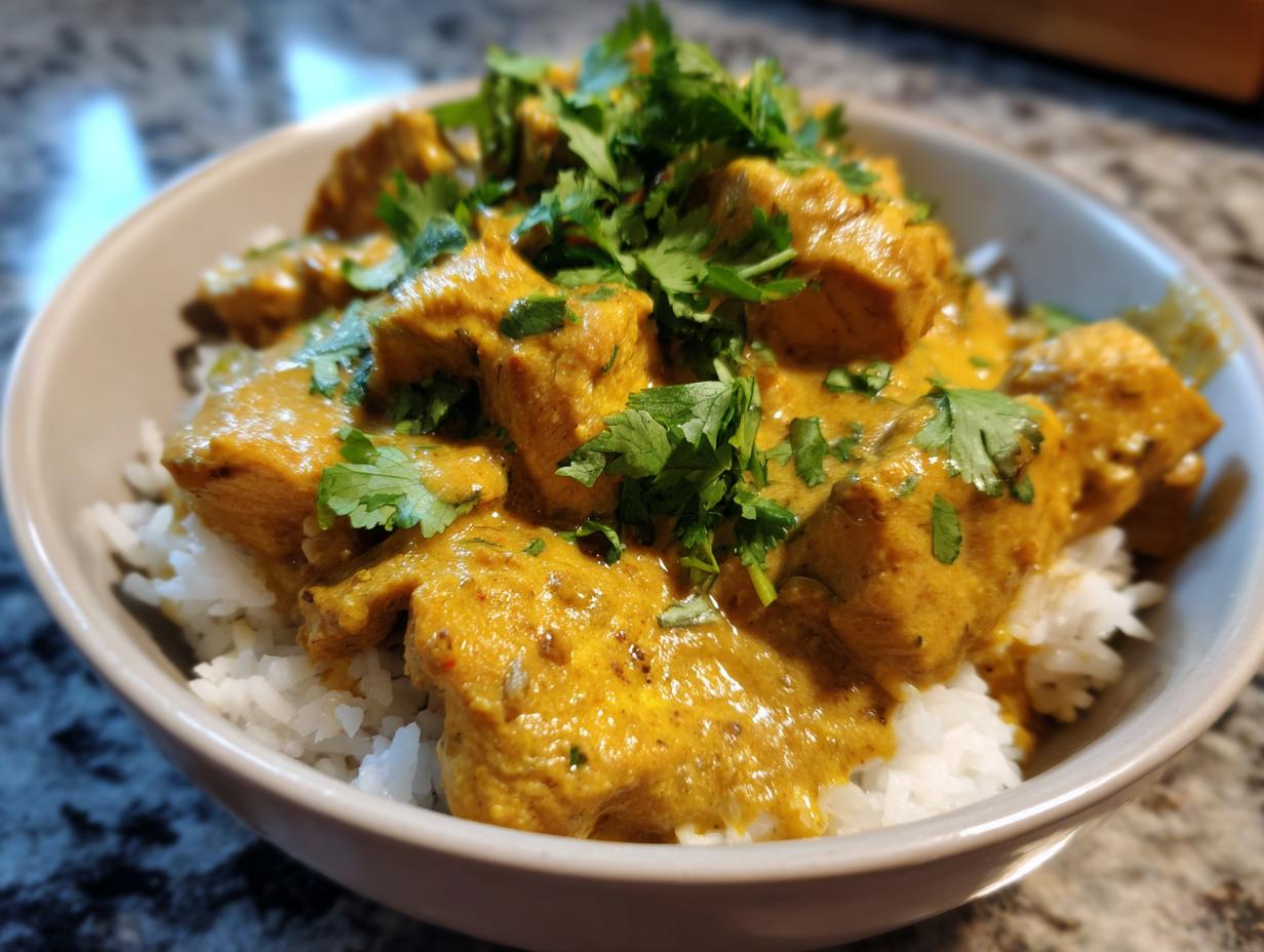 A bowl of fluffy white rice topped with tender pieces of creamy coconut chicken curry and fresh cilantro.