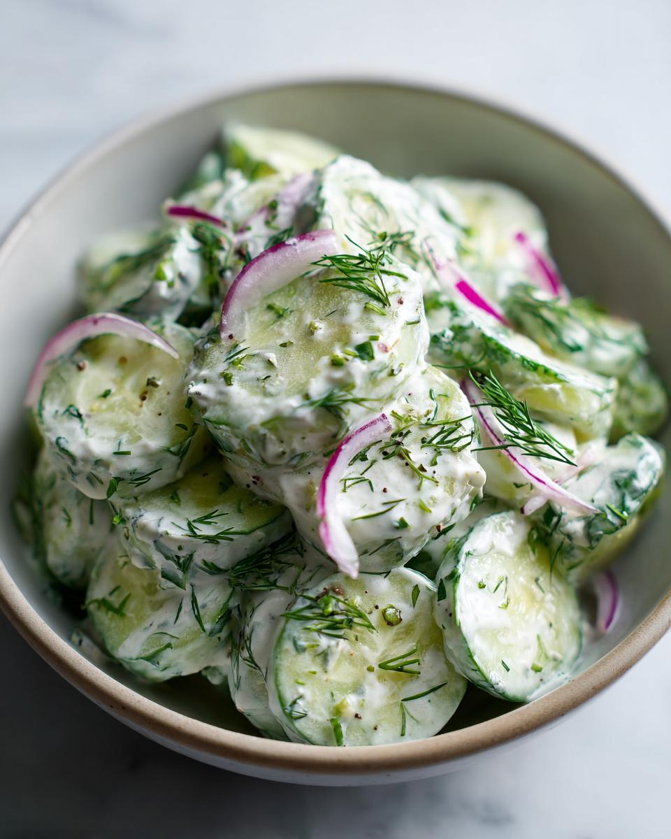 A close-up of a bowl filled with creamy cucumber salad, featuring sliced cucumbers, red onion, and fresh dill.