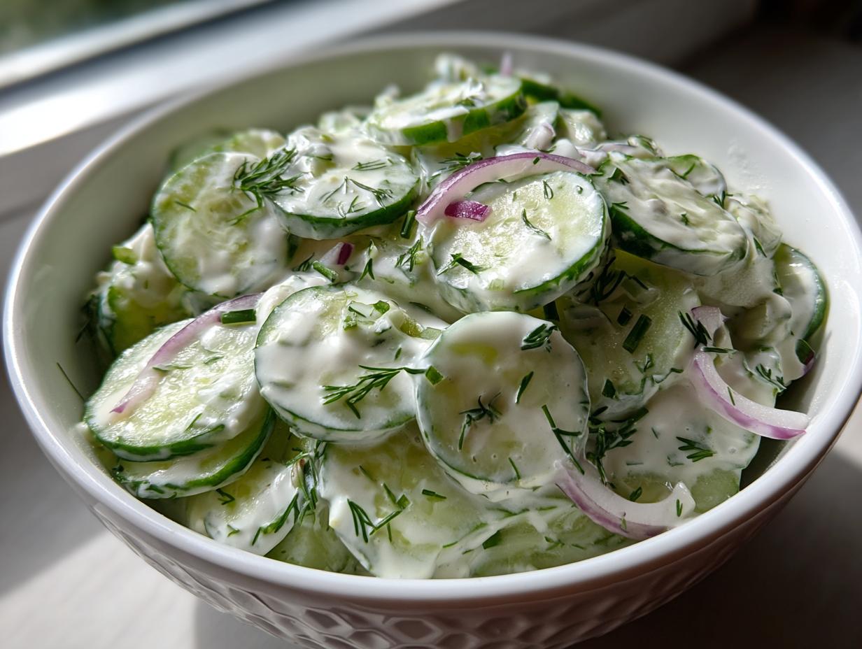 A close-up of a white bowl filled with creamy cucumber salad, featuring sliced cucumbers, dill, and red onion.