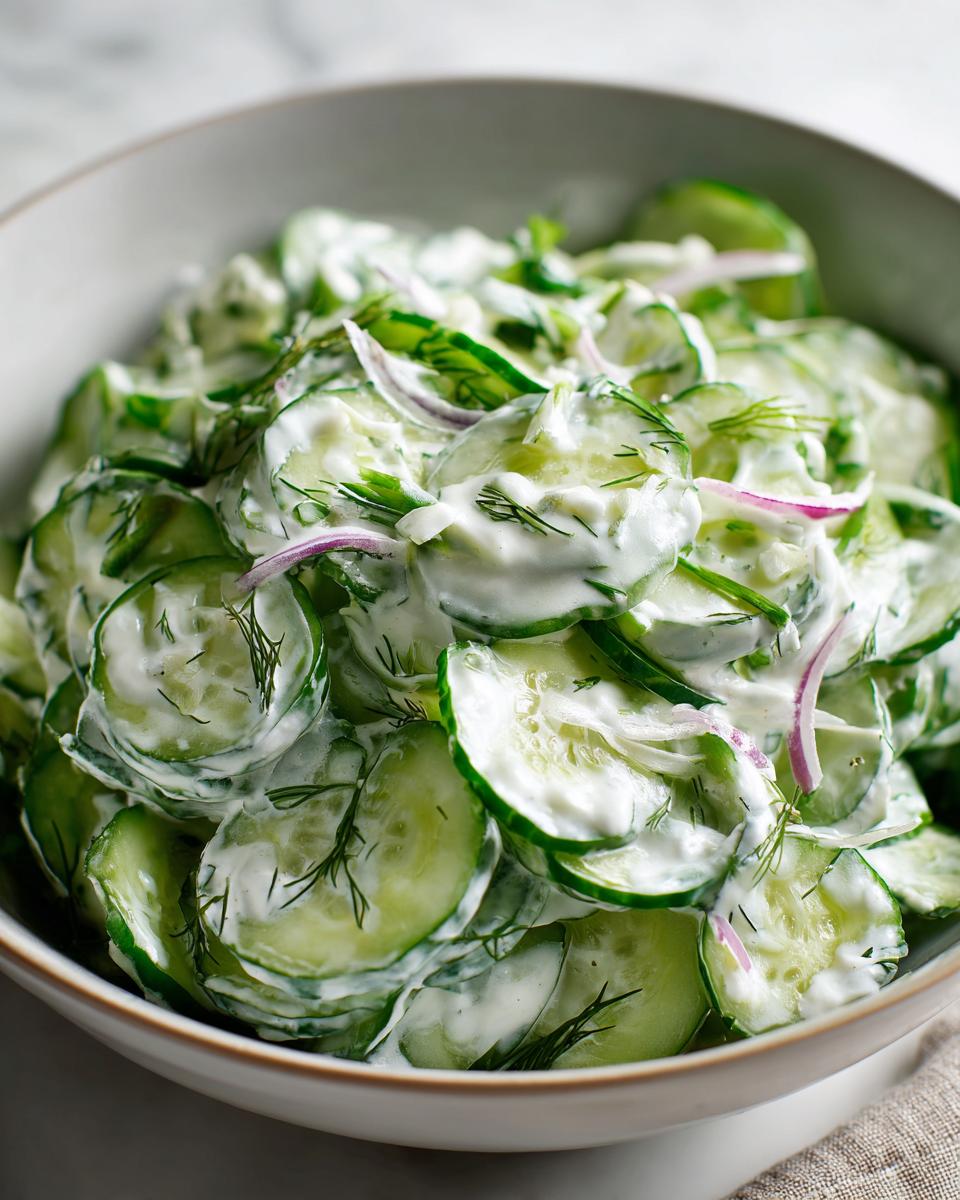 Close-up of a bowl filled with creamy cucumber salad, featuring sliced cucumbers, dill, and red onion in a creamy dressing.