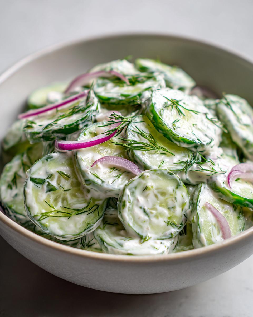 A close-up of a bowl filled with creamy cucumber salad, featuring sliced cucumbers, red onion rings, and fresh dill.
