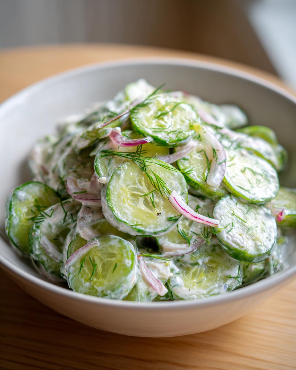 A bowl of creamy cucumber salad with thinly sliced cucumbers, red onion, and fresh dill.