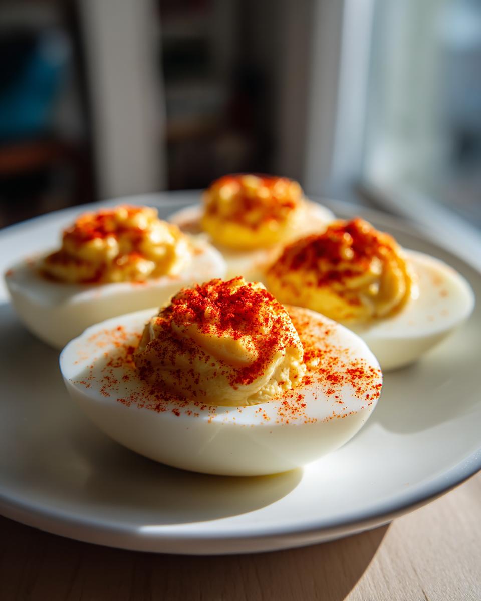 Close-up of creamy deviled eggs, generously filled and sprinkled with paprika.