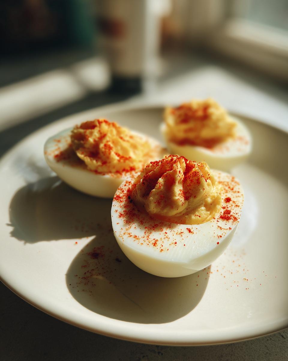 Close-up of three creamy deviled eggs on a white plate, sprinkled with paprika.