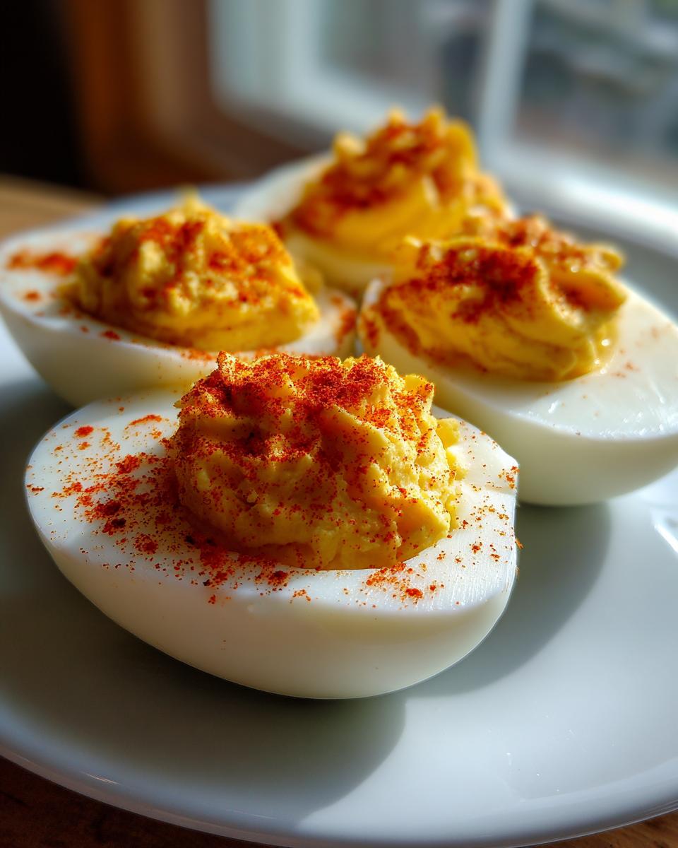 Close-up of creamy deviled eggs sprinkled with paprika on a white plate.