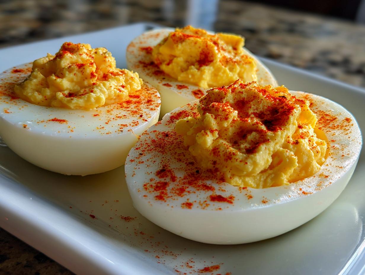 Close-up of three creamy deviled eggs, sprinkled with paprika, on a white plate.