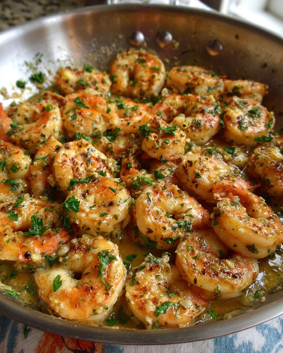 Close-up of succulent creamy garlic shrimp cooked in a skillet with parsley.