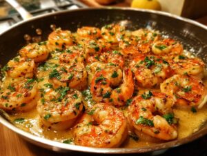 Close-up of succulent, pan-seared creamy garlic shrimp in a buttery garlic sauce, garnished with fresh parsley.
