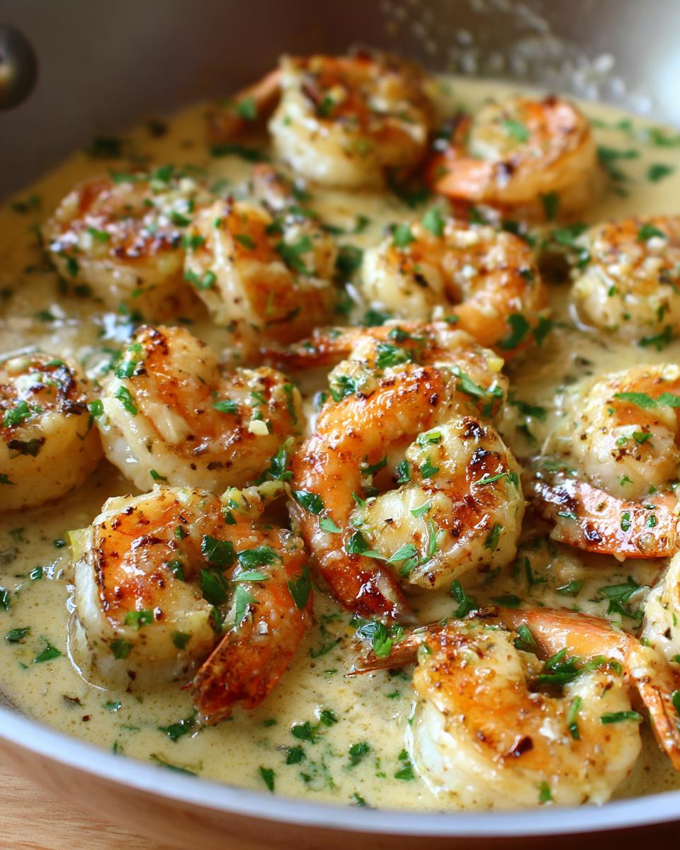 Close-up of pan-seared creamy garlic shrimp in a rich, golden sauce, garnished with fresh parsley.