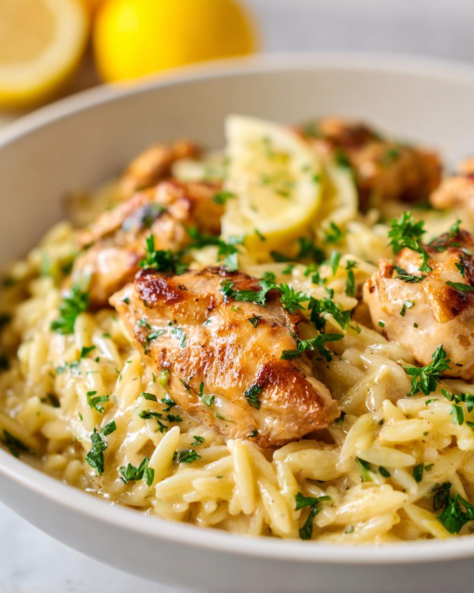 A close-up of creamy lemon chicken orzo, topped with grilled chicken pieces, fresh parsley, and lemon slices.