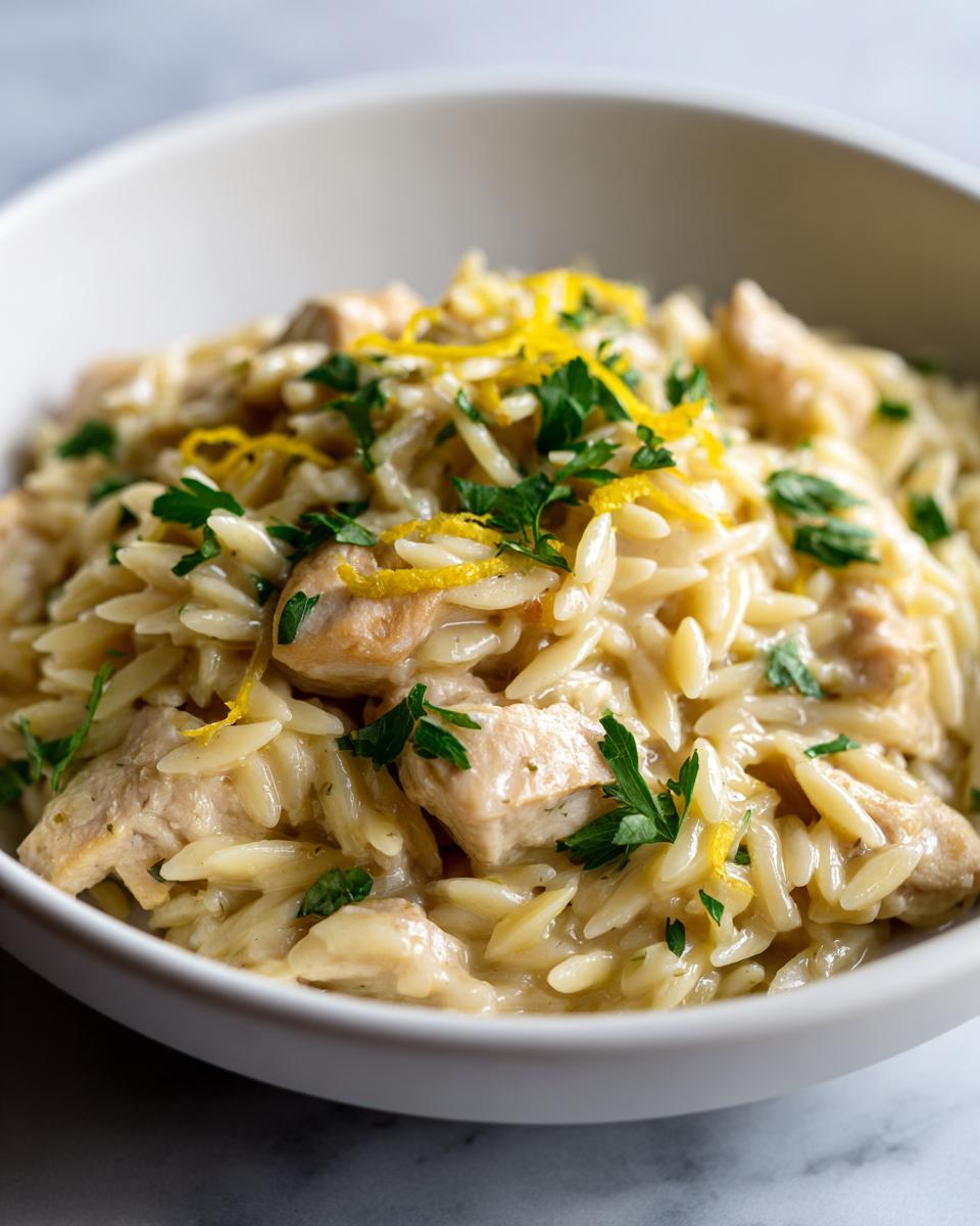 A close-up of creamy lemon chicken orzo topped with lemon zest and parsley in a white bowl.