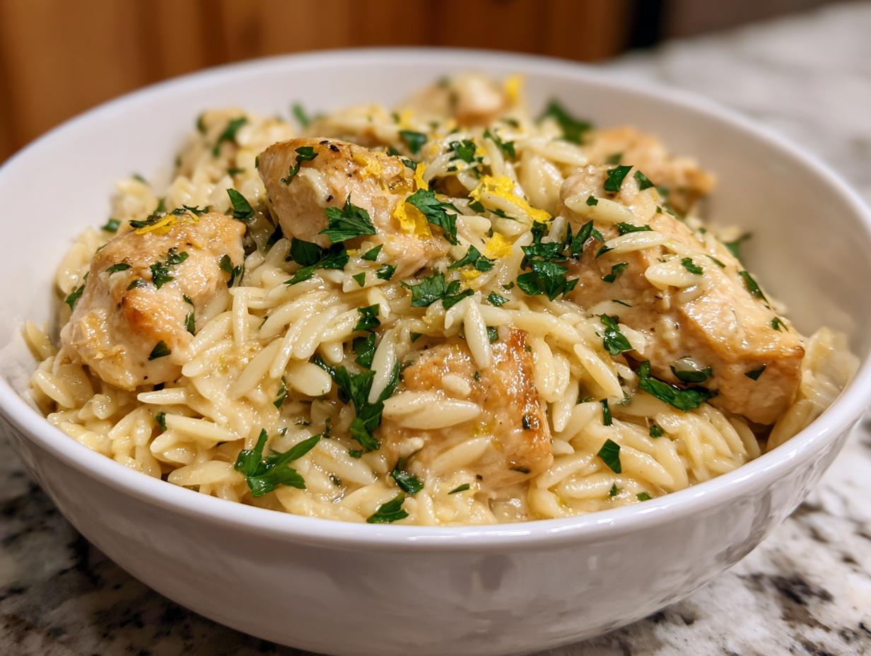 A close-up of a white bowl filled with creamy lemon chicken orzo, garnished with fresh parsley and lemon zest.