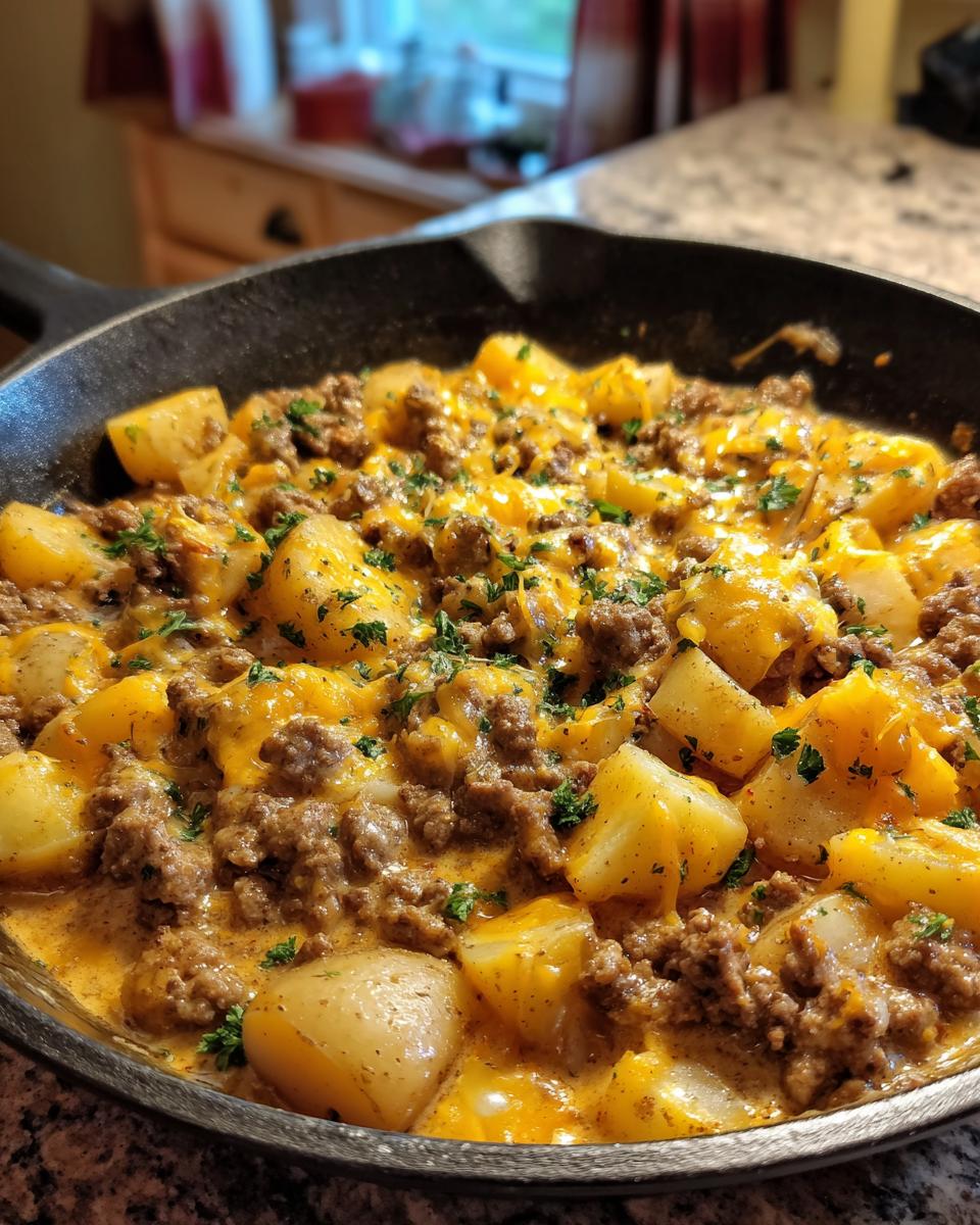 A close-up view of a cast iron skillet filled with a creamy meat potato skillet dish, topped with melted cheese and parsley.