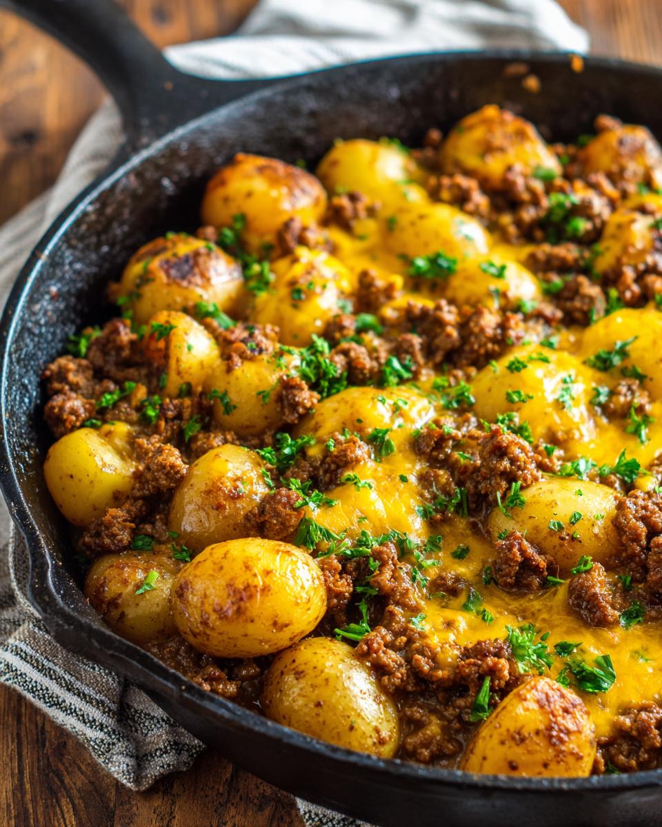 Close-up of a cast-iron skillet filled with a creamy meat potato skillet dish, topped with melted cheddar cheese and fresh parsley.