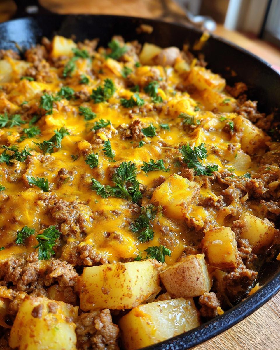 Close-up of a creamy meat potato skillet topped with melted cheddar cheese and fresh parsley.