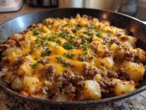 Close-up of a creamy meat potato skillet topped with melted cheddar cheese and fresh parsley.