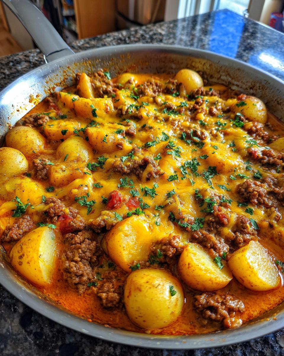 Close-up of a creamy meat potato skillet dinner, featuring tender potatoes, seasoned ground meat, and melted cheddar cheese, garnished with parsley.