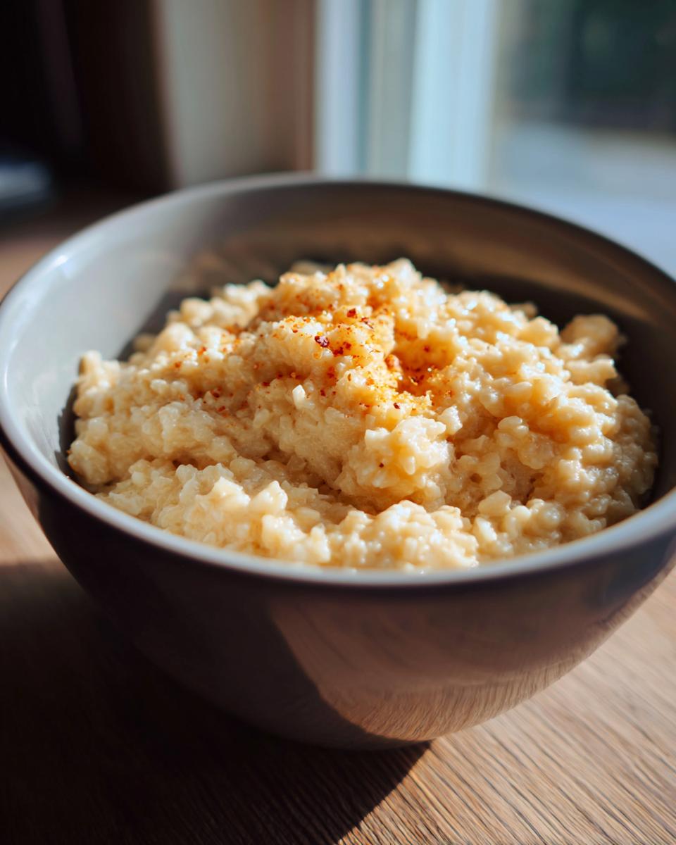 A close-up of a bowl filled with delicious creamy risotto, lightly sprinkled with paprika.