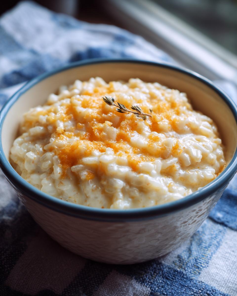 A close-up of a bowl of creamy risotto topped with grated cheese and a sprig of thyme.
