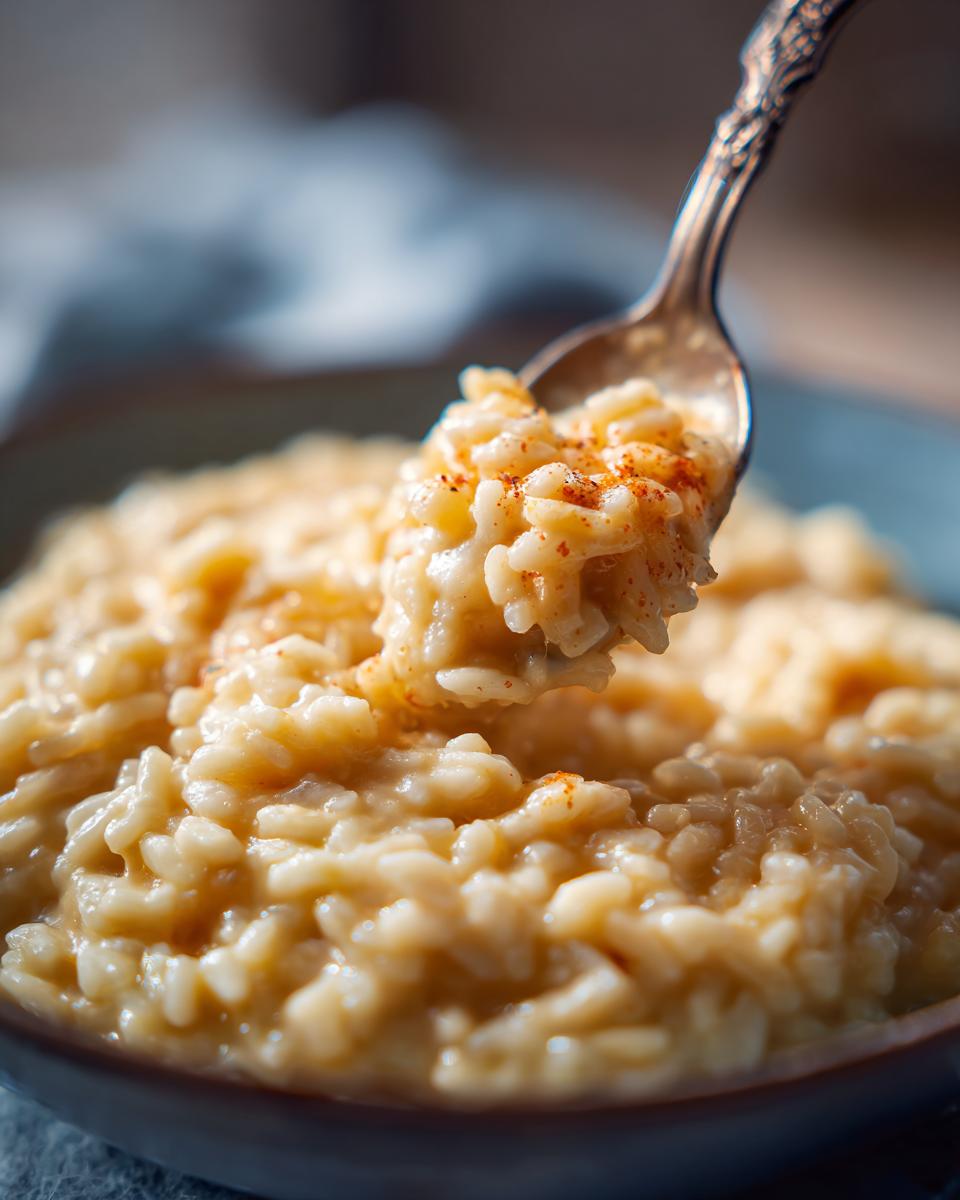 A spoonful of creamy risotto, sprinkled with paprika, being lifted from a bowl.