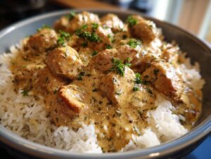 A close-up of creamy smothered chicken and rice, garnished with fresh parsley, served in a bowl.