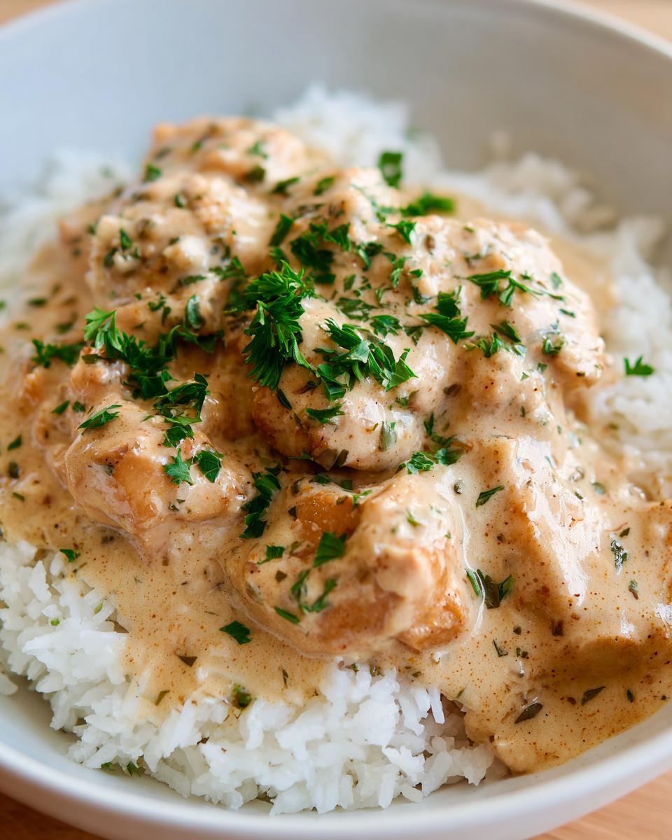 A close-up of creamy smothered chicken and rice, garnished with fresh parsley, in a white bowl.