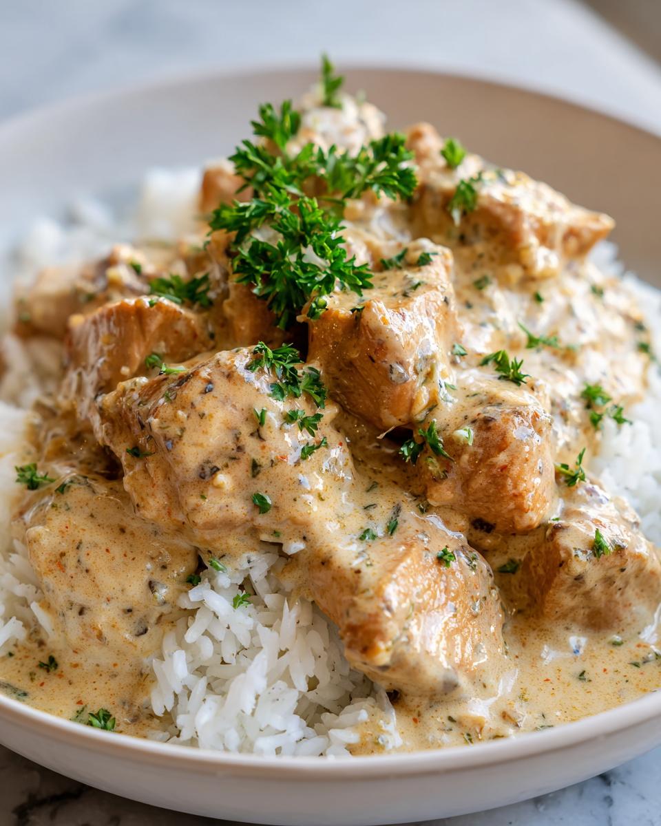 A close-up of a bowl filled with fluffy white rice topped with tender pieces of Creamy Smothered Chicken and Rice, garnished with fresh parsley.