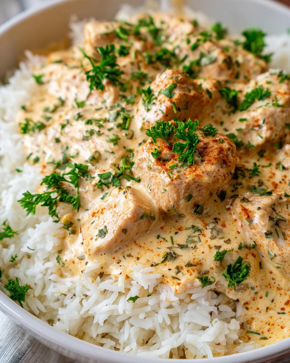 Close-up of creamy smothered chicken and rice, garnished with fresh parsley and paprika.